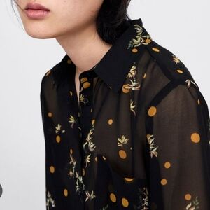 NWOT ZARA Sheer Blouse Black & Gold Polka Dot Floral print long sleeve top sz M